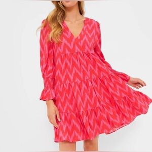 Pomander Place Tiered Red-Pink Zig-Zag V-Neck Long Sleeve Dress Size L